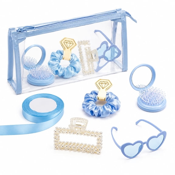 31 Pcs Bridesmaid Gift for 6 Set, Blue Proposal Gifts with Makeup Bags, Decorative Glasses, Hair Clips, Scrunchies, Mirror Combs Ribbon for Bachelorette Party, Bridal Shower Wedding