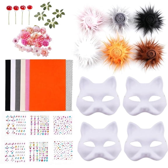 31 Pcs DIY Mask Kit Blank Paper Cat Mask Crafting Material Set with Faux Fur Strips Eye Mesh Felt Sheets for Cosplay Quadrobics Gear