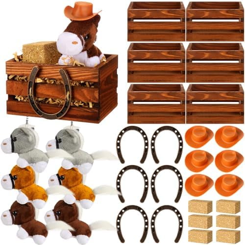 31 Pcs Western Party Supplies Cowboy Party Favors Horse Plush Mini Cowboy Hats Horseshoe Decor Hay Bales Rodeo Birthday Decorations Vintage Wood Crates Table Centerpieces for Wedding