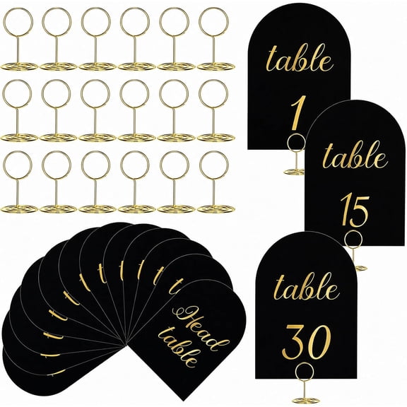 31-Piece Gold Wedding Table Number Set 1-30 + Head Table, Double-Sided Gold Foil Embossed Cards with Stainless Steel Holders, for Wedding Reception Dinner Party