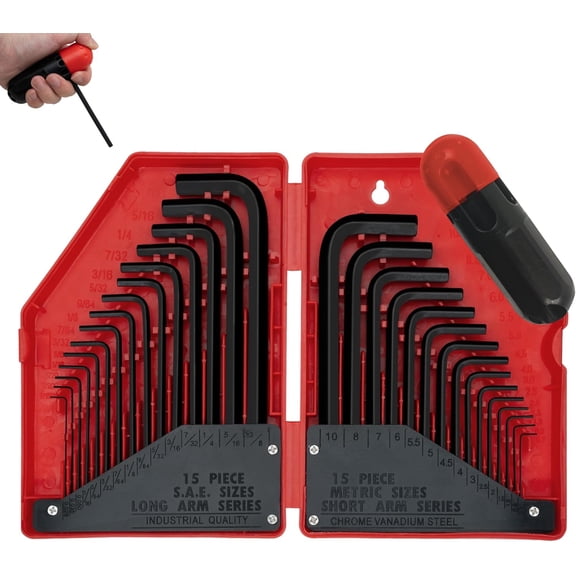 31-Piece Hex Key Wrench Set, Metric and SAE Allen Wrenches (0.028-3/8 inch, 0.7-10 mm) L Shape Allen Keys, Chrome Vanadium Steel