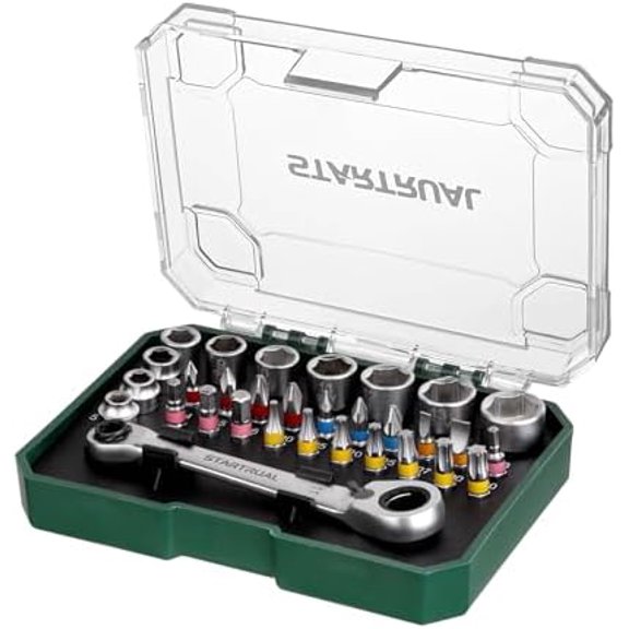 31-Piece Low Profile Ratchet Wrench, Right Angle Screwdriver, Pass Through Socket, 1/4" Mini Ratchet Set, 90 Degree Offset Ratcheting Screwdriver for Tight Spaces$$Tools & Hardware Other