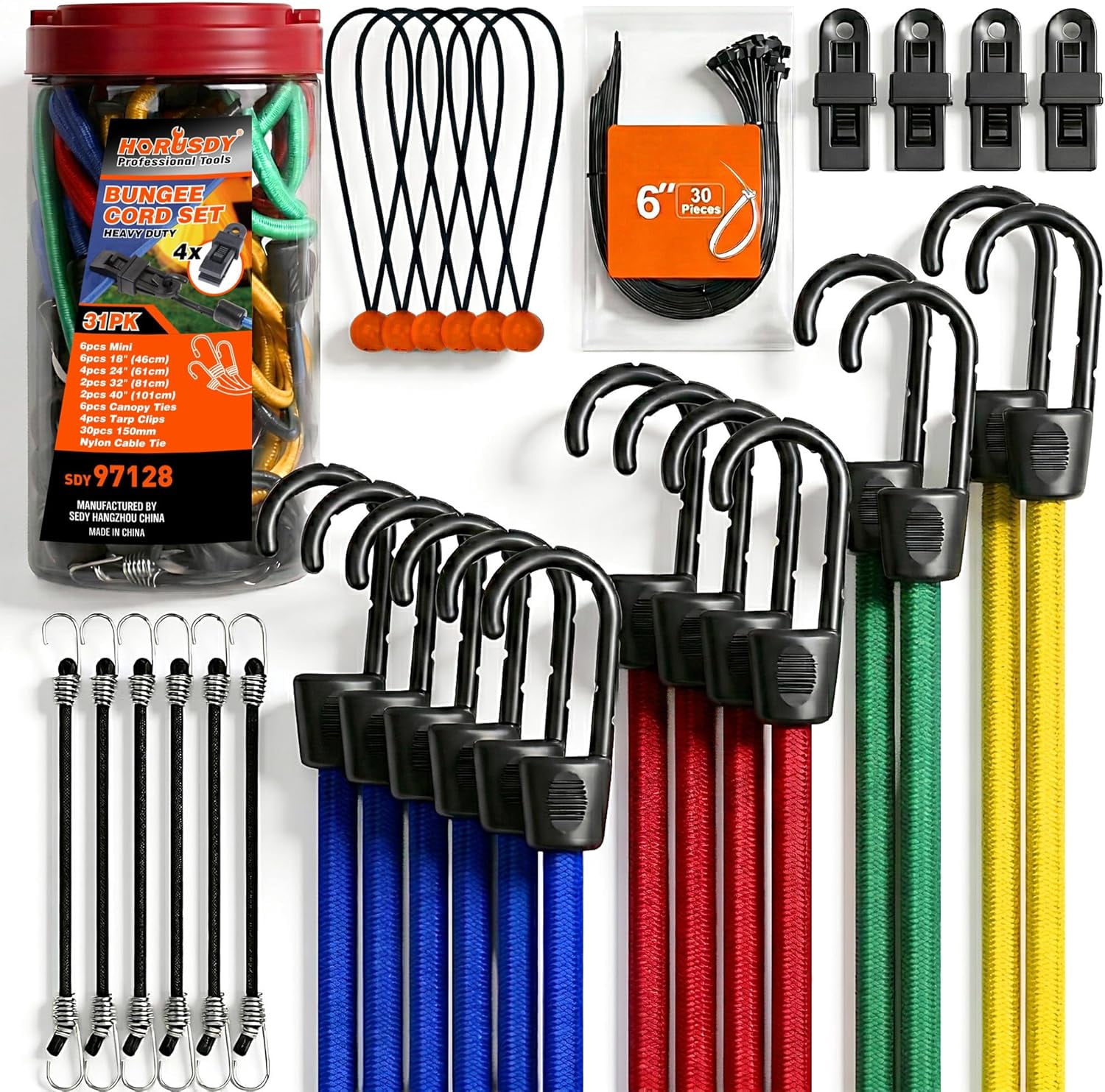 31-Piece Premium Bungee Cords Assortment Jar, Includes 10”,18”,24”,32”,40” Bungee Cords, 6“ Zip Ties, 8”Canopy/Tarp Ball Ties and Crocodile Mouth Tarp Clips