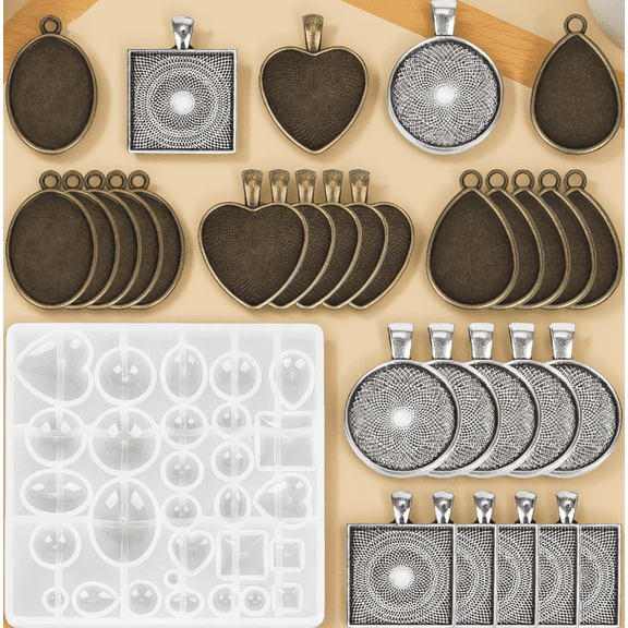 31-Piece Resin Making Kit, 30 Metal Pendant Trays 5 Styles with Silicone Casting Mold, Silver and Bronze