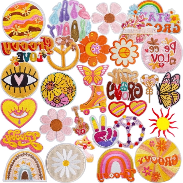 31 Pieces Yellowish Groovy Hippie Iron on Patches Cute Vintage Boho ...