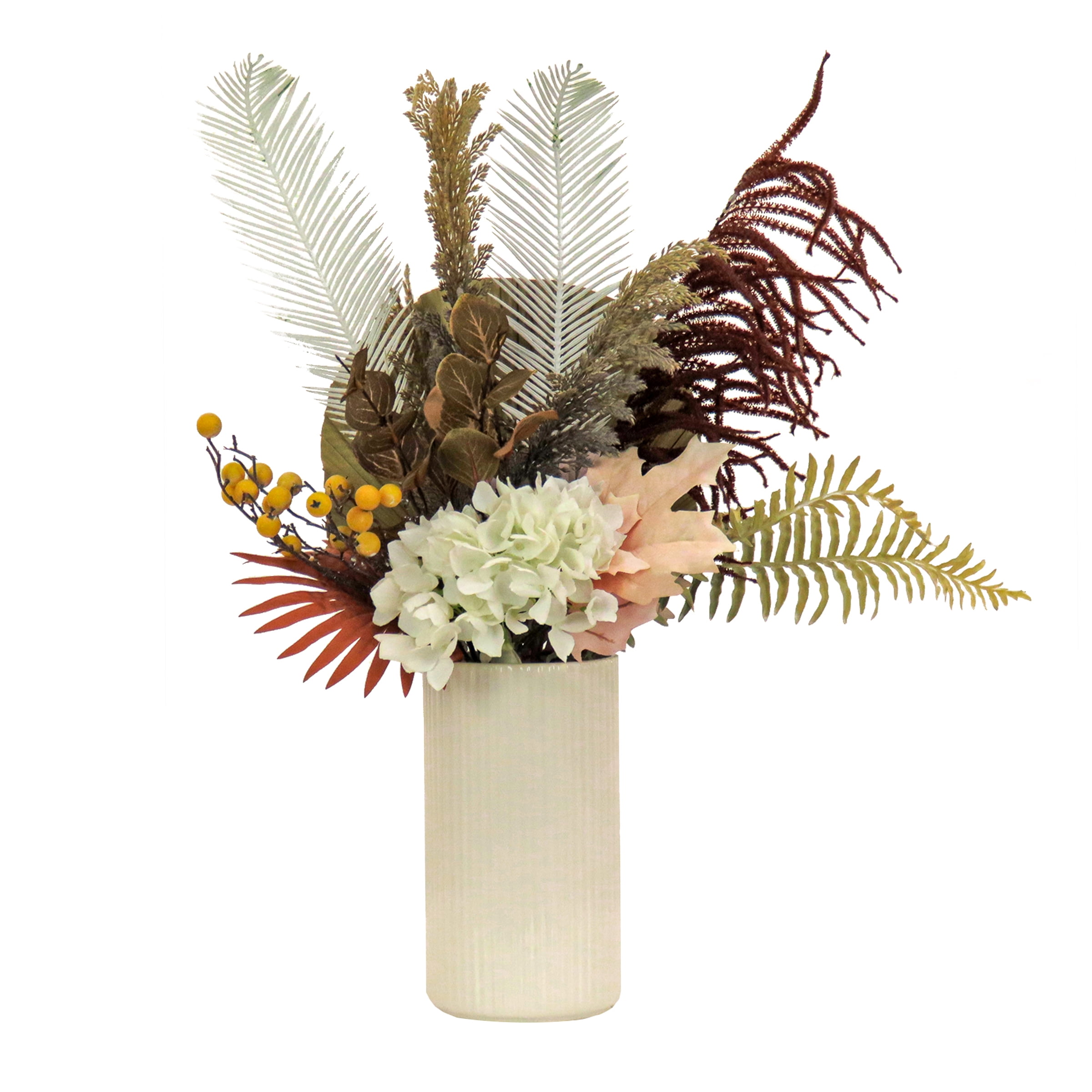 31" Tall White Ceramic Vase with Mixed Fern and Hydrangea Arrangement