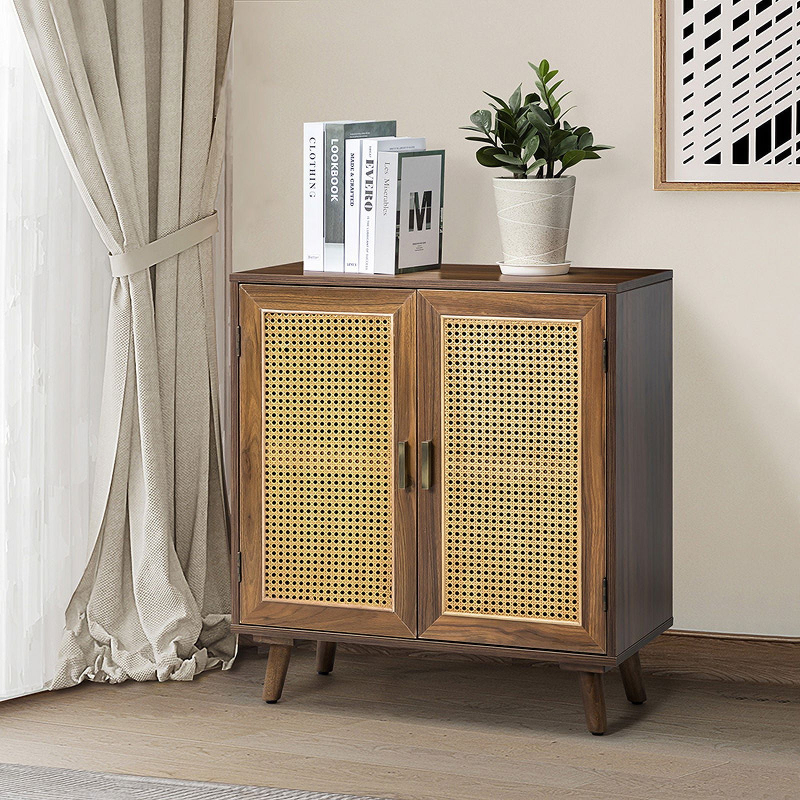 31" Rattan 2 Doors Boho Wood Storage Credenzas Sideboard Wooden