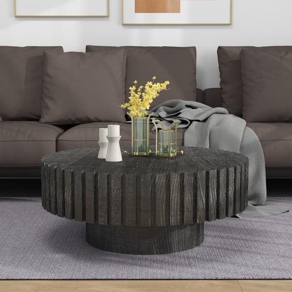 31" Round Handcrafted Floral Coffee Table with Sturdy Pedestal Base, Mid-Century Modern Solid Oak Center Table for Living Room, Black - Small Spaces Friendly