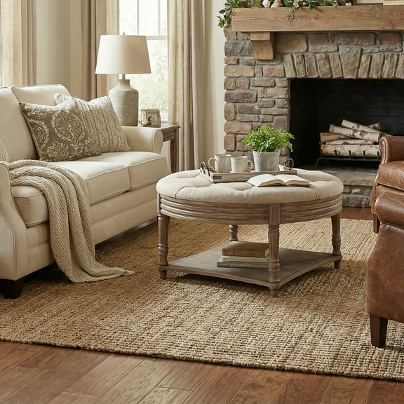 31" Round Ottoman Coffee Table, 2 Tier Large Button Tufted Ottoman with Wooden Shelf Storage, Upholstered Coffee Table, for Living Room, Khaki