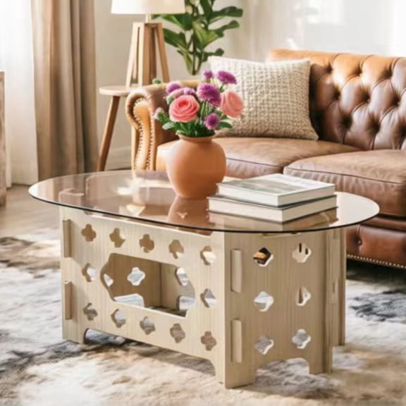 Natural Wood Oval Coffee Table with Tea-Colored Tempered Glass Top, Hollow Carved Base, and Hidden Cat Nest Design
