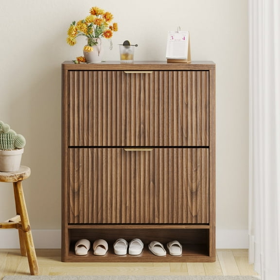 31" Shoe Storage Cabinet, Wooden Narrow Freestanding Shoe Cabinet Organizer with 2 Flip Drawer, Fluted Hidden Shoe Storage for Entryway, Hallway, Living Room
