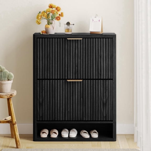 Pusnapku 40" Fluted Shoe Storage Cabinet, Freestanding Wood Entryway Cabinet with 2 Flip Drawer, Narrow Hidden Shoe Storage Organizer for Living Room