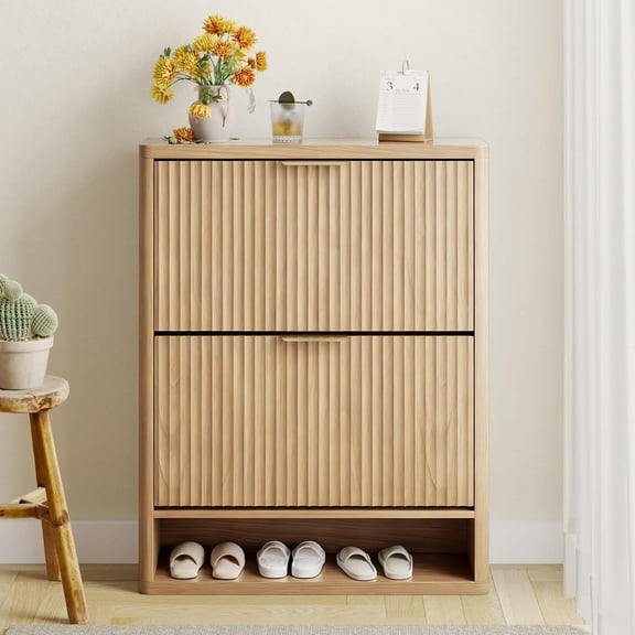 31" Shoe Storage Cabinet, Wooden Narrow Freestanding Shoe Cabinet Organizer with 2 Flip Drawer, Fluted Hidden Shoe Storage for Entryway, Hallway, Living Room