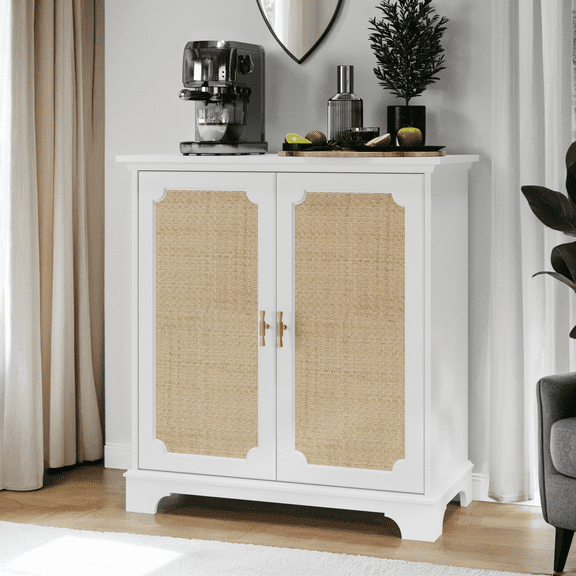 31" Sideboard Buffet Cabinet with Storage, Boho Rattan Accent Cabinet with 4 Wood Legs and Gold Handles, Farmhouse Console Coffee Bar for Living Room, Entryway, Apartment, White