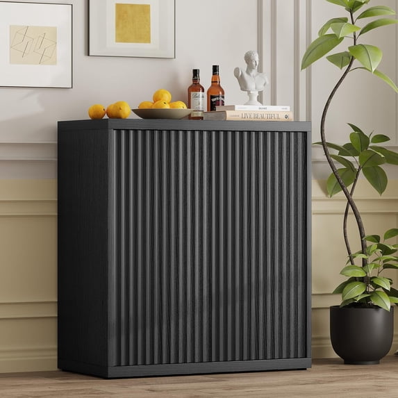 31” Sideboard Cabinet with Storage, Fluted Accent Cabinet with Adjustable Shelves, Modern Wood Credenza Cabinets with Pop-up Doors for Entryway Kitchen Living Room Hallway, Black