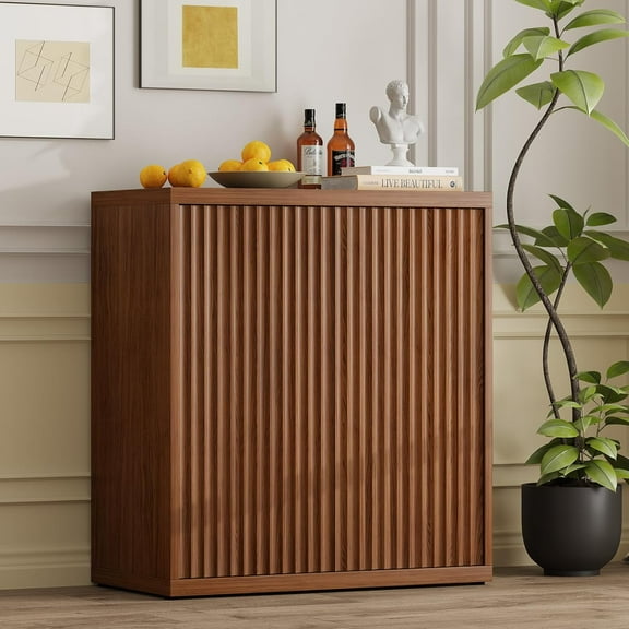 31” Sideboard Cabinet with Storage, Fluted Accent Cabinet with Adjustable Shelves, Modern Wood Credenza Cabinets with Pop-up Doors for Entryway Kitchen Living Room Hallway, Walnut