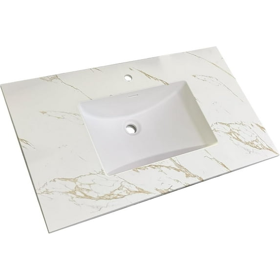 31" Solid Surface Polyurethane Resin Streamline Nano Vanity Top With Sink, Durable, Consistent Color, Easy-to-Clean, Built-in Overflow GOLDEN VEIL