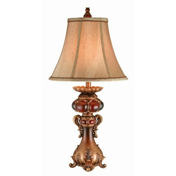 31" Tall Polyresin Table Lamp with Red and Brown finish, Linen Shade