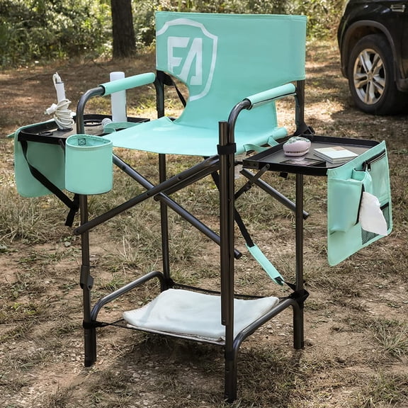 31" Tall Portable Makeup Artist Chair for Clients Directors Chair with Two Side Tables, Foldable Folding Chair for MUA, Craft Shows, Hair Stylist, Salons, Movie Sets 350LBS Green