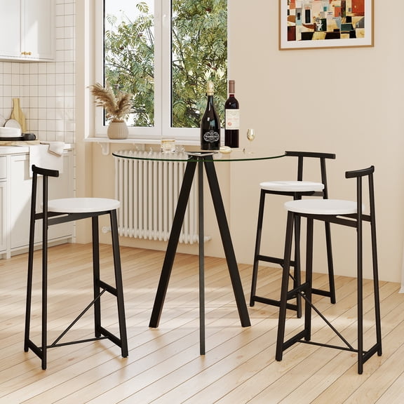 31" Tempered Glass Bar Table Set, Triangle-Leg Kitchen Island 3 Stools, White