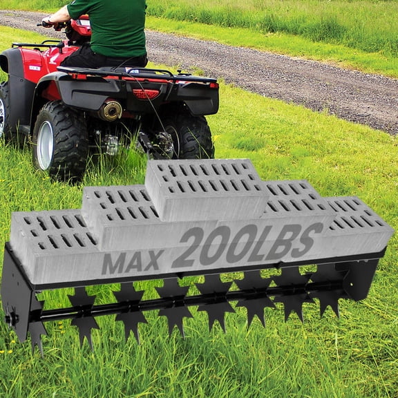 31" Tow Behind Lawn Aerator, Heavy Duty Star Steel Tines Aerator with 200 LBS Max Loading Tray, Double Rod Pull Tool Compatible with ATV & Garden Tractor, Black
