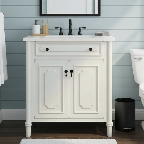 31"Vintage Bathroom Vanity w/Sink,Faux Aged Finish,Rustic Bathroom Cabinet w/Soft Close Doors and Adjustable Shelf,Curved Profile Design,Rubber Wood Legs,White