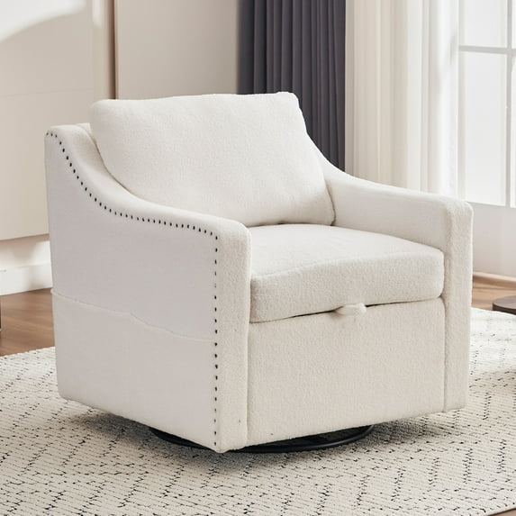 31" W Swivel Accent Chair, Modern Barrel Chair with Hidden Storage, Upholstered Club Armchair Single Sofa with Curved Armrests and Rivets Craftsmanship for Living room, Ivory