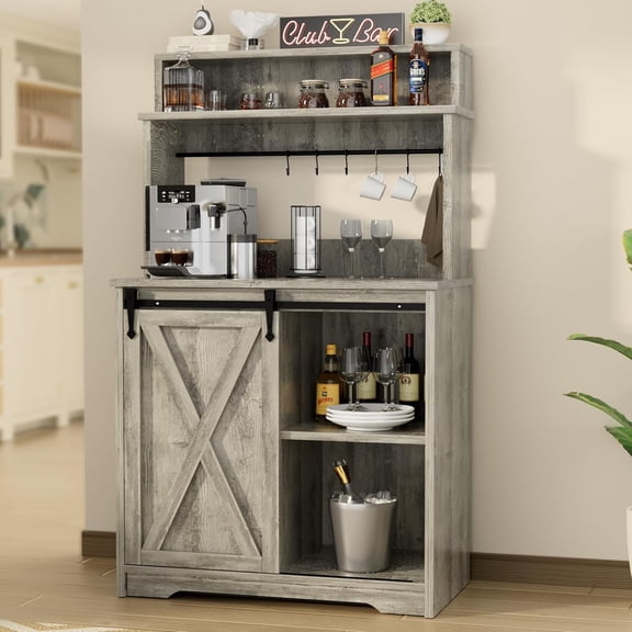 31" W x 15.7" D x 55.99" H Rustic Grey Farmhouse Coffee Bar Cabinet, 3-Tier Hutch with Sliding Barn Doors, 6 Mug Hooks, 5 Adjustable Shelves, Ideal for Kitchen, Dining Room or Living Room