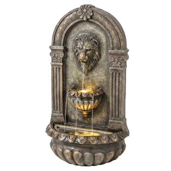 31" Wall-Mounted Outdoor Fountain, 3-Tier Cascading Waterfall Feature with LED Lights and Adjustable Flow, Bronze
