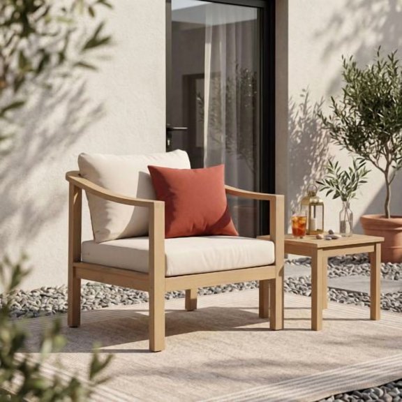 31" WeatherResistant AcaciaWood Lazy Armchair, Lounge Couch with Slatted Backrest, Comfy Chairs with Zipper Water Resistant Cushion for Garden Porch Balcony Spaces, Light Teak