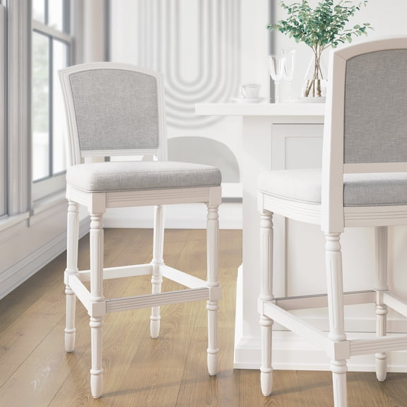 31" White Bar-Height Bar Stool with Gray Upholstered Seat and Back, 1PC