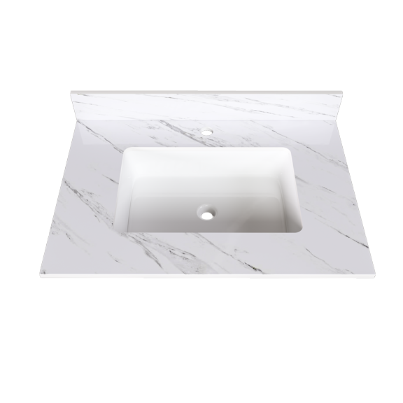 31" White Marble Vanity Top w/ Undermount Sink, 1 Holes, 4" Backsplash