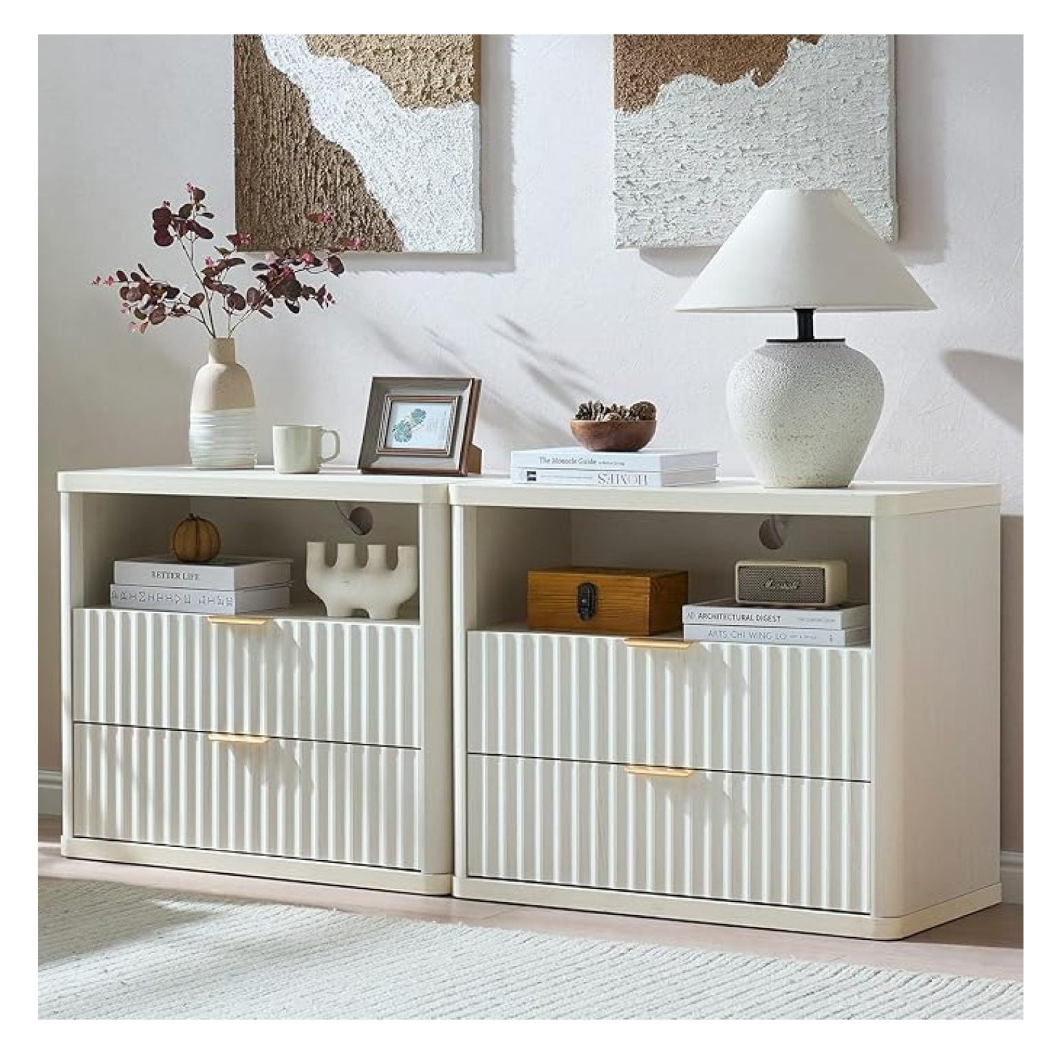 31" Wide Fluted Nightstand Set of 2 with Charging Station, Oversized ...