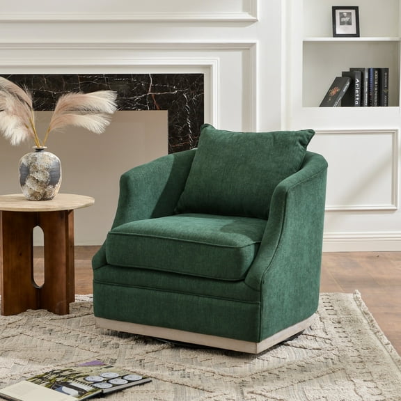31" Wide Linen Fabric Swivel Barrel Chair, FSC Certified Upholstered Swivel Armchair with Pillow Back for Living Room, Bedroom, Fully Assembled (Green)