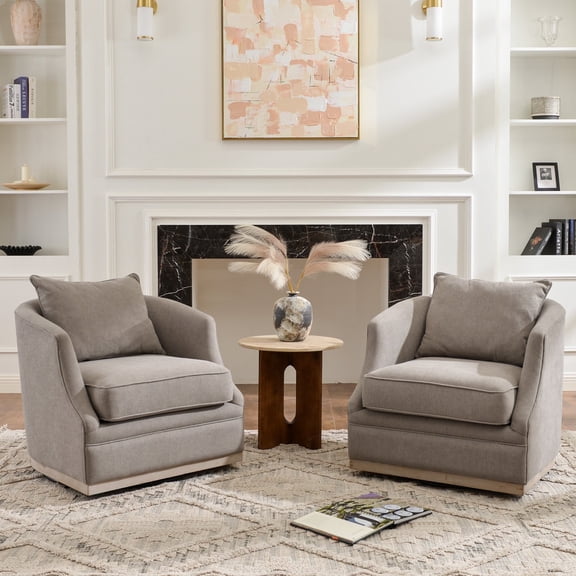 31" Wide Linen Fabric Swivel Barrel Chair Set of 2, FSC Certified Upholstered Swivel Armchair with Pillow Back for Living Room, Bedroom, Fully Assembled (Gray)