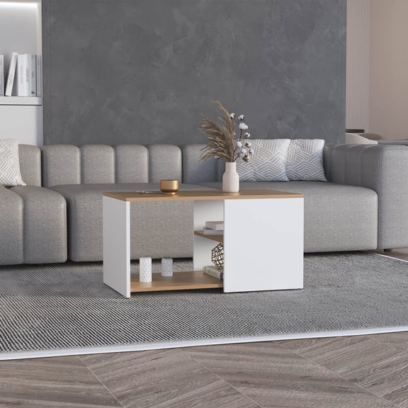 31" Wide White & Natural Oak Coffee Table with Three Shelves Multi-Tone Design