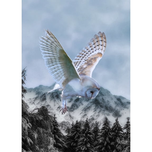 31" X 43" Panel Call of the Wild Snowy Owl Mountain Cotton Fabric Panel D403.45
