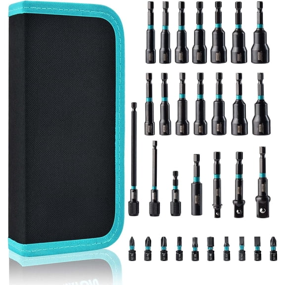 31 count Nut Driver Set, Drill Driver Bit Set 1/4", Metric and SAE Nut Driver, Bits, Socket Adapters, Bit Holder, Quick-release Extensions with Storage Bag