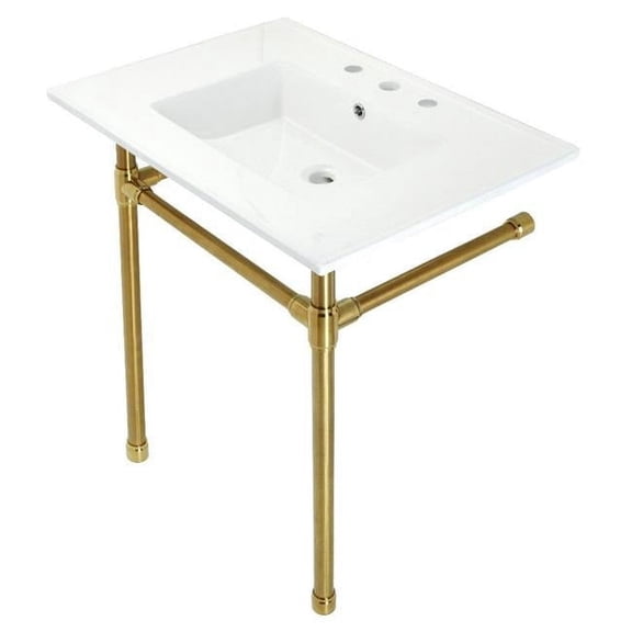 31 in. Dreyfuss Console Sink with Stainless Steel Legs - 8 in. 3 Hole, White & Brushed Brass