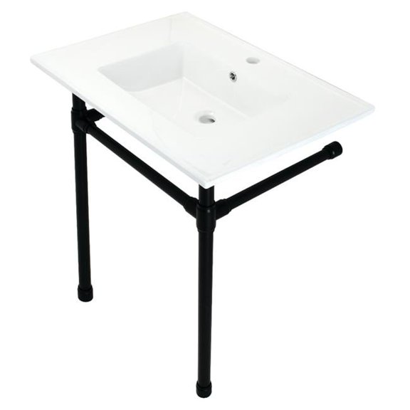 31 in. Dreyfuss Console Sink with Stainless Steel Legs - Single Faucet Hole, White & Matte Black