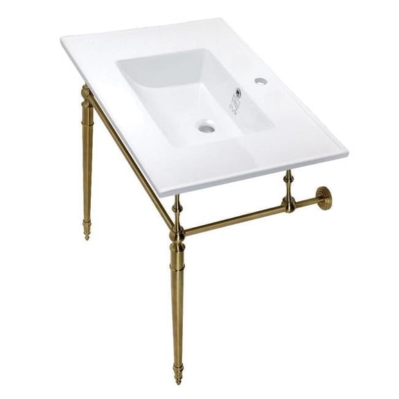 31 in. Edwardian Console Sink with Brass Legs - Single Faucet Hole, White & Brushed Brass