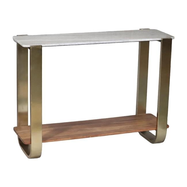 Gold and White Marble Console Table with Wooden Shelf