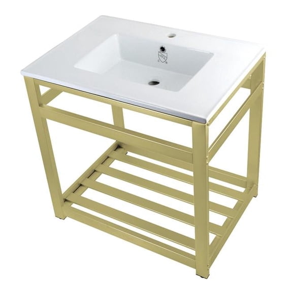 31 in. Quadras Ceramic Console Sink - 1-Hole, White & Brushed Brass