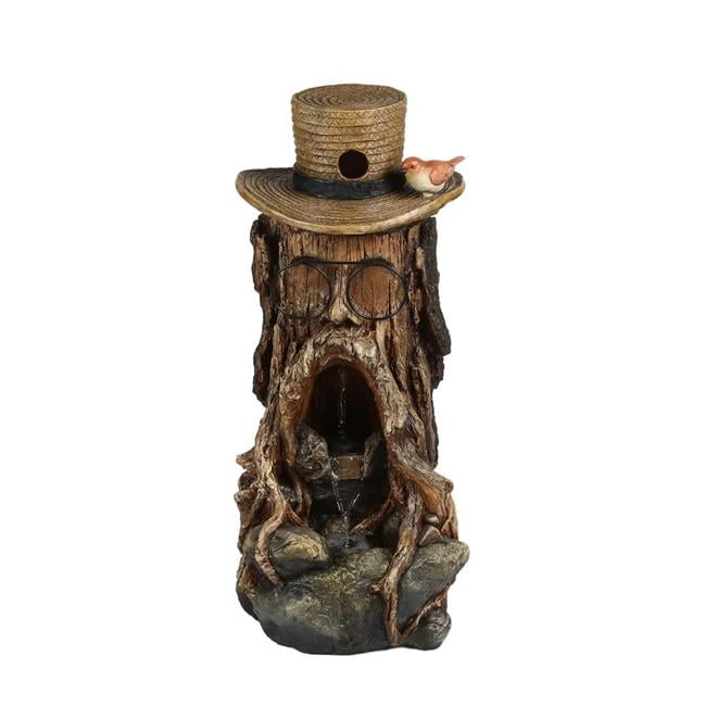 31" Rustic Brown Tree Stump Fountain with LED Light and Bird House