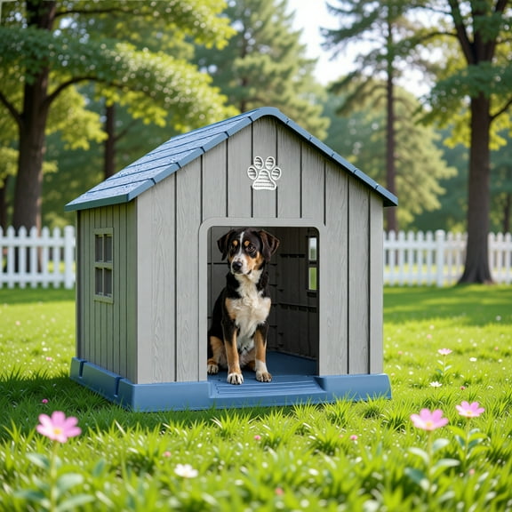 31 inch Indoor Outdoor Dog House,Weatherproof Dogs Pet Shelter Resin Pointed Roof Waterproof with Hidden Vents & Window Sturdy Dog Kennel for Large Dogs,Blue,31.18*33.7*32.52inches