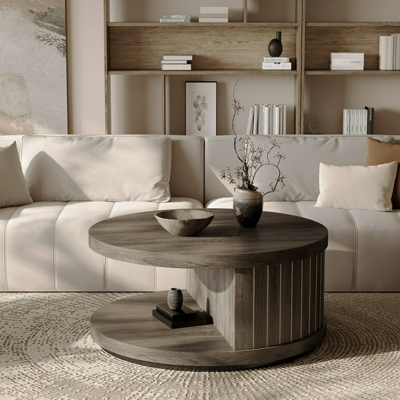 31-inch Round Wood Coffee Table with Open Shelf, 2-Tier Design, Ideal for Small Spaces, Gray