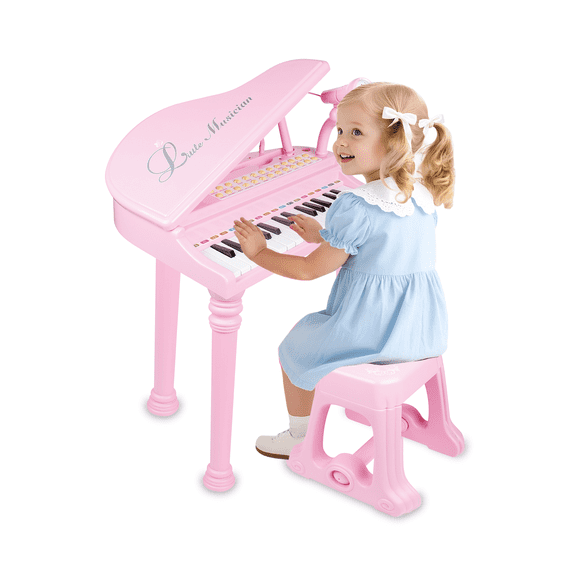 31-key Kids Electronic Keyboard With Microphone + Stool, Musical Toy for Girls Ages 3+, With LED Teaching/Record & Playback, Birthday/Christmas Gift