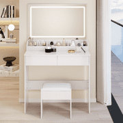 31" x 20" Extra Large LED Mirror Makeup Vanity Table + Soft Cushion Stool Suit, Touch Switch, 3 colors, Adjustable Brightness, Large Capacity Storage, Compact Dressing Table Suitable For Small Space