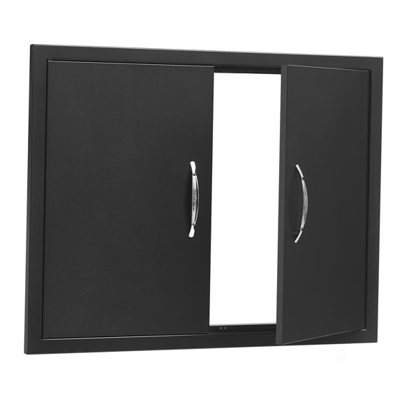 31 x 24 Inch Black Flush Mount Outdoor Kitchen Storage Door with Handles for Backyard Grilling Spaces