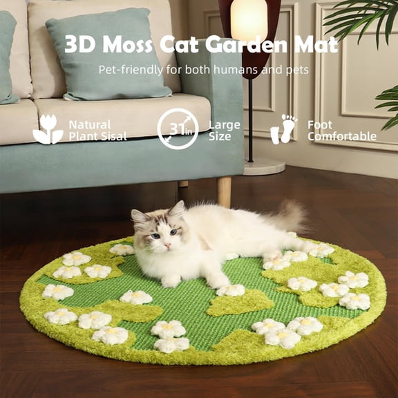 31 x 31 Inch 3D Garden Scratcher Mat, Flower Sisal Scratch Pad, Floor Scratching Pads Rug for Indoor Cats, Protector for Wall&Carpets&Sofas, Green Moss Claw Pad (White Flowers)